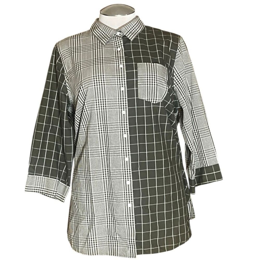 Lands End Woman’s Supima No‎ Iron Plaid Green 3/4 Sleeve Button Up 20W